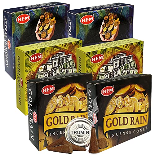 Attracts Money Good Fortune Gold Rain Incense Cones & Holder Bundle Variety Pack from Hem Trumiri Insense Insence - color: Attracts Money & Good Fortune & Gold Rain