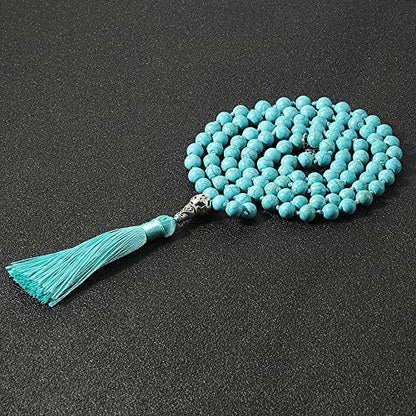 108 Mala Prayer Beads Necklace Natural Stones Meditation Yoga Jewery 108 Hand Knotted Japa Mala Beaded Long Tassel Necklace with Tree of Life Pendant for Men and Women - color: 8mm blue turquoise