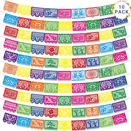 10 Pack Mexican Party Decorations, 180 FT Fiesta Banner Cinco De Mayo Party Banner Plastic Papel Picado Mexican Themed Party Banner Flags Colorful Indoor Outdoor Dia De Los Muertos Home Decor - style: 10 Pack