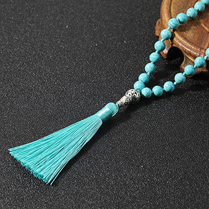 108 Mala Prayer Beads Necklace Natural Stones Meditation Yoga Jewery 108 Hand Knotted Japa Mala Beaded Long Tassel Necklace with Tree of Life Pendant for Men and Women - color: 8mm blue turquoise
