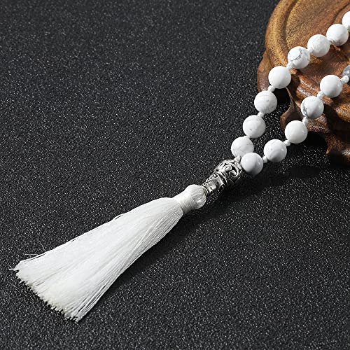 108 Mala Prayer Beads Necklace Natural Stones Meditation Yoga Jewery 108 Hand Knotted Japa Mala Beaded Long Tassel Necklace with Tree of Life Pendant for Men and Women - color: 8mm Howlite