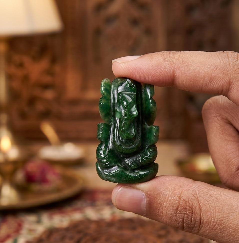 Natural Dark Green Aventurine Gemstone Ganesha Handcarved Statue Sculpture for Good Luck & Fortune. - color: Green Aventurine Ganesh