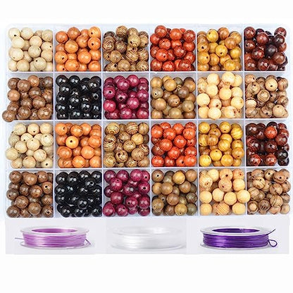 6mm Natural Mixed Wooden Round Loose Beads Jewelry Making KIT with Thread and Needles 960 PCS(12 Wooden, 6mm) - color: 12-Wooden, size: 6mm