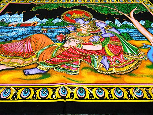 Radha Krishna Religious Cotton Batik Wall Hanging sequins Painting : Size 43"x30" Inches - color: Radha Krishna
