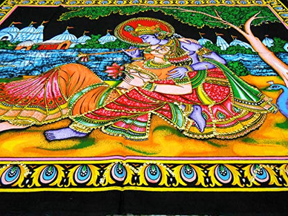 Radha Krishna Religious Cotton Batik Wall Hanging sequins Painting : Size 43"x30" Inches - color: Radha Krishna