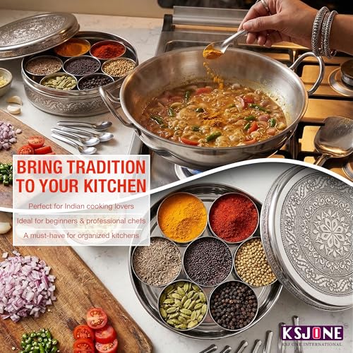 KSJONE Designer Spice Container Masala Dabba, 7 Spice Jars, Holds 7 Spices, Spice Container Box, Polished Stainless Steel with 7 Serving Spoons, Indian Masala Dabba with Lid, 8 Inch