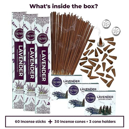 Lavender Incense Sticks & Incense Cones Combo Pack - 60 Insence-Sticks + 30 Insence Cones - Inscense - Incense Cones Scented - Insents - color: Lavender
