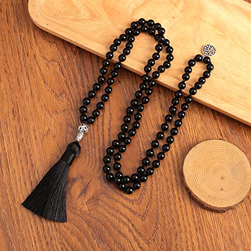 108 Mala Prayer Beads Necklace Natural Stones Meditation Yoga Jewery 108 Hand Knotted Japa Mala Beaded Long Tassel Necklace with Tree of Life Pendant for Men and Women - color: 8mm Black Onyx