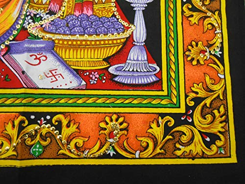 Lakshmi Ganesha Saraswati Batik Cotton Wall Hanging Sequins Painting : Size 43"x30" Inches - color: Lakshmi Ganesha Saraswati - Diwali Pujan
