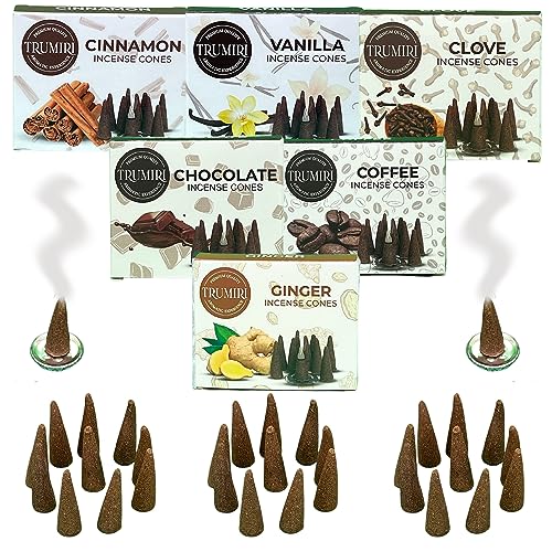 TRUMIRI Gourmet Incense Cones - Variety Pack - Total 60 Cone Incense (6 Scents x 10 Conos) - Vanilla, Cinnamon, Coffee, Chocolate, Clove, Ginger - Cone Incense Scents - Insense Cones - Incent Cone - color: Gourmet