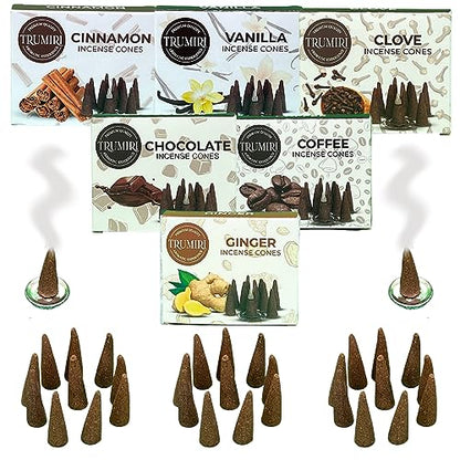 TRUMIRI Gourmet Incense Cones - Variety Pack - Total 60 Cone Incense (6 Scents x 10 Conos) - Vanilla, Cinnamon, Coffee, Chocolate, Clove, Ginger - Cone Incense Scents - Insense Cones - Incent Cone - color: Gourmet