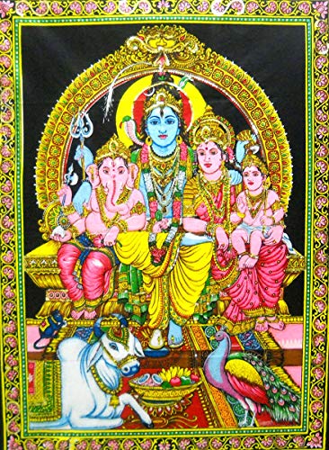Lord Shiva Family Batik Cotton Wall Hanging Yoga Painting : Size 43"x30" Inches - color: Shva Family