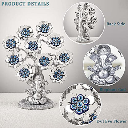 YU FENG 9.6inch Evil Eye Flowers Lucky Tree with Silver Ganesha Statue