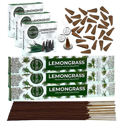 Lemongrass Incense Sticks & Incense Cones Combo Pack - 60 Insence-Sticks + 30 Insence Cones - Inscense - Incense Cones Scented - Insents - color: Lemongrass