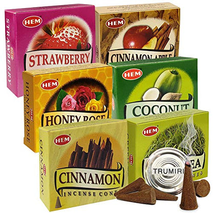 Hem Incense Cones Variety Pack #5 and Cone Incense Burner Bundle with 6 Most Sought-After Fragrances - color: Popular 6c