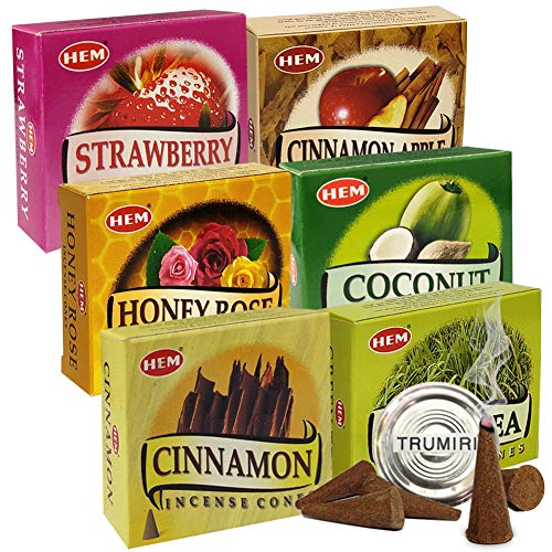 Hem Incense Cones Variety Pack #5 and Cone Incense Burner Bundle with 6 Most Sought-After Fragrances - color: Popular 6c