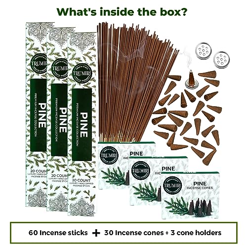 Pine Incense Sticks & Incense Cones Combo Pack - 60 Insence-Sticks + 30 Insence Cones - Inscense - Incense Cones Scented - Insents - color: Pine