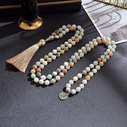 108 Mala Prayer Beads Necklace Natural Stones Meditation Yoga Jewery 108 Hand Knotted Japa Mala Beaded Long Tassel Necklace with Tree of Life Pendant for Men and Women - color: 8mm Amazonite
