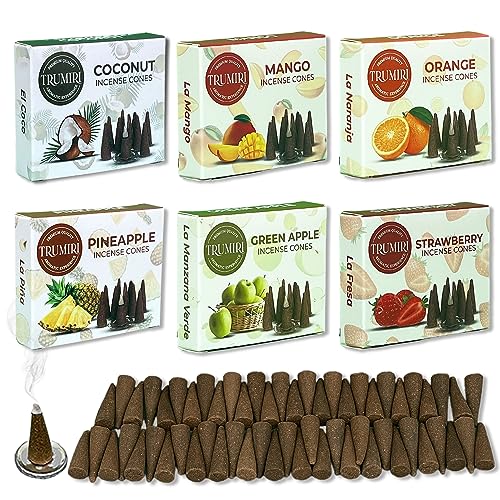 Trumiri Fruity Incense Cones - Variety Pack - Total 60 Cone Incense (6 Scents x 10 Conos) - Strawberry, Coconut, Pineapple, Apple, Mango, Orange - Cone Incense Scents - Insense Cones - Incent Cone - color: Fruity