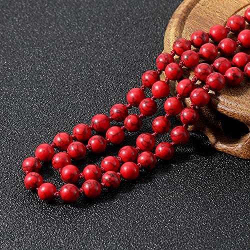 108 Mala Prayer Beads Necklace Natural Stones Meditation Yoga Jewery 108 Hand Knotted Japa Mala Beaded Long Tassel Necklace with Tree of Life Pendant for Men and Women - color: 8mm red turquoise