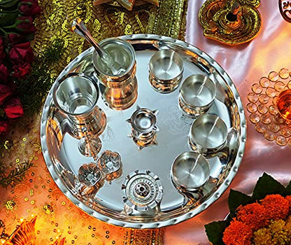 NOBILITY Pooja Thali Set Silver Plated Glossy Puja Thali Ganesha Laxmi Design Subh Labh Decorative Set wedding return gift items