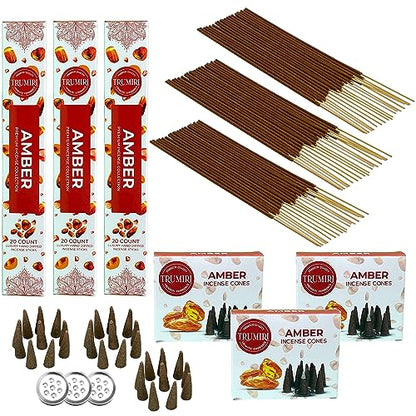 Amber Incense Sticks & Incense Cones Combo Pack - 60 Insence-Sticks + 30 Insence Cones - Inscense - Incense Cones Scented - Insents - color: Amber
