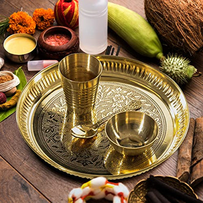 Decorative Brass Flower Design Pooja Thali Set of 4 Pcs,Indian Traditional Brass Pooja 1 Plate with 1 Bowl, 1 Glass and 1 Spoon for Temple and Home Bhog Thali Set Gift (Size:-8'')(Golden) - size: 7 Inches