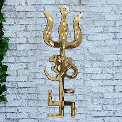 Divya Mantra Trishakti Yantra Trishul Om Swastika Decorative Spiritual Vastu Items Brass Indian Hindu Religious Wall Home Decor Kitchen Pooja Mandir Temple Hanging Good Luck Showpiece Set of 2 - Gold