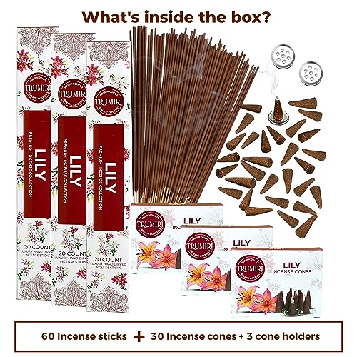Lily Incense Sticks & Incense Cones Combo Pack - 60 Insence-Sticks + 30 Insence Cones - Inscense - Incense Cones Scented - Insents - color: Lily