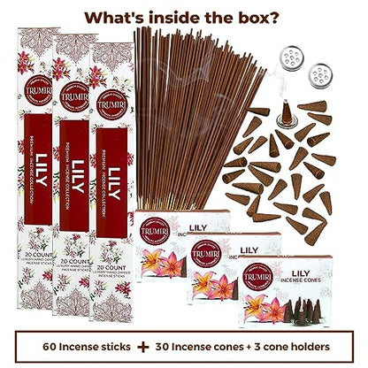 Lily Incense Sticks & Incense Cones Combo Pack - 60 Insence-Sticks + 30 Insence Cones - Inscense - Incense Cones Scented - Insents - color: Lily