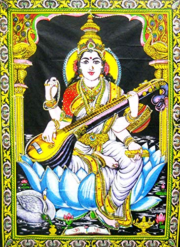 Goddess Saraswati batik sequins Cotton Wall Hanging yoga Painting : Size 43"x30" Inches - color: Saraswati
