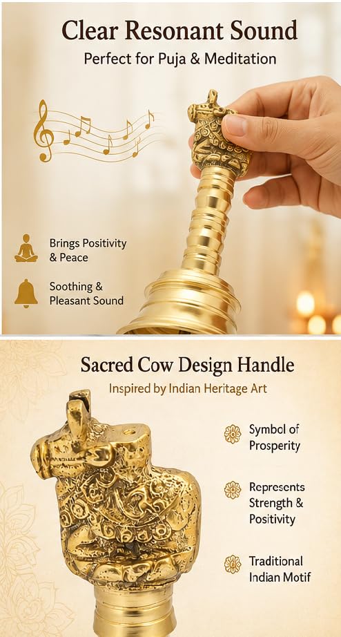 Wonderlist Handicrafts Brass Pooja Bell with Gods Sitting On Top (Nandi), 5 INCH, SE-45T - color: Nandi