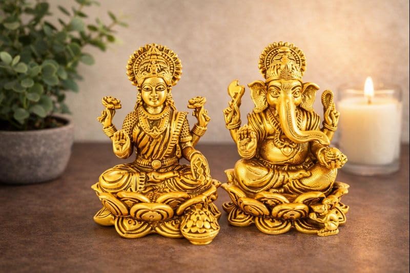 BEXCO Brass Statues, Lakshmi and Ganesha Figurines Set, Height of Each Idol 2" Inch (Approx.) Lord Ganesha and Goddess Laxmi Pair - size: 2.5 inches