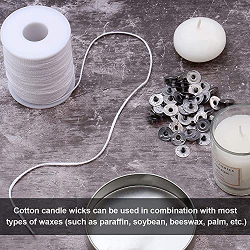 QPZ 200 ft Braided Candle Wicks 100% Cotton 50 PLY for Candle Pillars in 5 1/5" Dia, for Paraffin Wax Soy Beeswax Candle Making, Sold Separately 200 PCS Candle Wick Sustainer Tabs Metal 14mm - size: 50 PLY 200 ft Wick