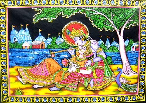 Radha Krishna Religious Cotton Batik Wall Hanging sequins Painting : Size 43"x30" Inches - color: Radha Krishna