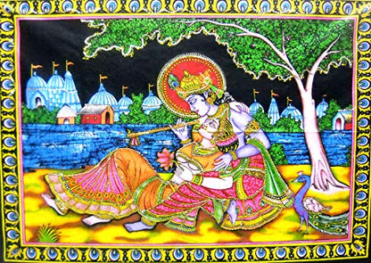 Radha Krishna Religious Cotton Batik Wall Hanging sequins Painting : Size 43"x30" Inches - color: Radha Krishna