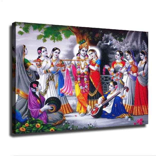 Radha Krishna with Ashta Sakhi Gopis Canvas Wall Art Poster Decor for Living Room and Bedroom Wall Modern Home Artworks (Frame 24in*36in) - size: Frame 24in*36in