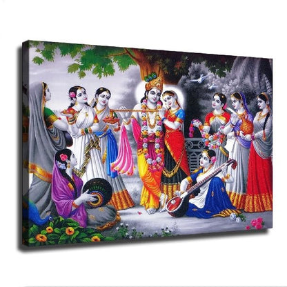 Radha Krishna with Ashta Sakhi Gopis Canvas Wall Art Poster Decor for Living Room and Bedroom Wall Modern Home Artworks (Frame 24in*36in) - size: Frame 24in*36in