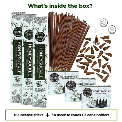 Honeysuckle Incense Sticks & Incense Cones Combo Pack - 60 Insence-Sticks + 30 Insence Cones - Inscense - Incense Cones Scented - Insents - color: Honeysuckle