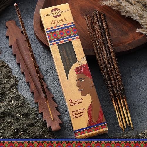 Sacred Elements Myrrh Incense Sticks–10 Pack, 9” Long Burning (Up to 2 Hours Each) | Hand-Rolled Organic Incense Stick for Meditation, Yoga, Relaxation & Home Fragrance | Low Smoke, Long-Lasting Aroma - size: 10 Sticks