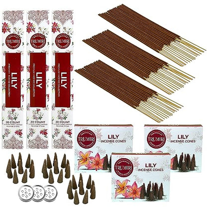 Lily Incense Sticks & Incense Cones Combo Pack - 60 Insence-Sticks + 30 Insence Cones - Inscense - Incense Cones Scented - Insents - color: Lily