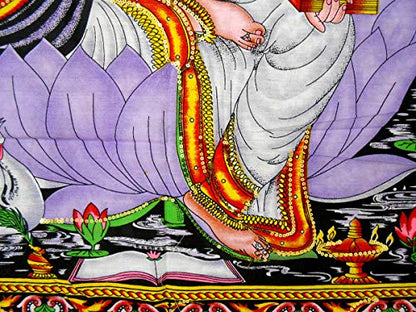 Goddess Saraswati batik sequins Cotton Wall Hanging yoga Painting : Size 43"x30" Inches - color: Saraswati