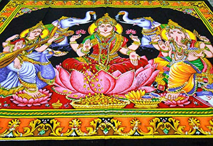 Lakshmi Ganesha Saraswati Batik Cotton Wall Hanging Sequins Painting : Size 43"x30" Inches - color: Lakshmi Ganesha Saraswati - Diwali Pujan