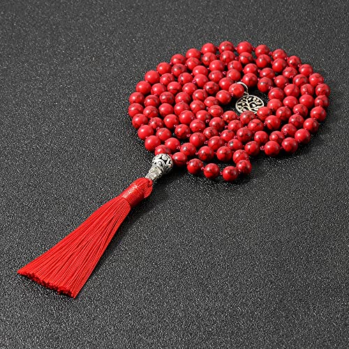 108 Mala Prayer Beads Necklace Natural Stones Meditation Yoga Jewery 108 Hand Knotted Japa Mala Beaded Long Tassel Necklace with Tree of Life Pendant for Men and Women - color: 8mm red turquoise