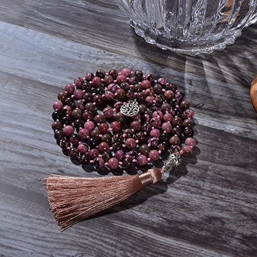 108 Mala Prayer Beads Necklace Natural Stones Meditation Yoga Jewery 108 Hand Knotted Japa Mala Beaded Long Tassel Necklace with Tree of Life Pendant for Men and Women - color: 8mm Rhodolite
