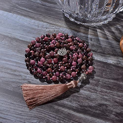 108 Mala Prayer Beads Necklace Natural Stones Meditation Yoga Jewery 108 Hand Knotted Japa Mala Beaded Long Tassel Necklace with Tree of Life Pendant for Men and Women - color: 8mm Rhodolite