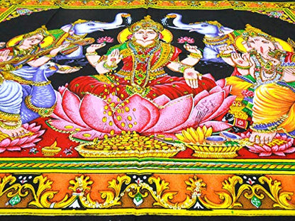 Lakshmi Ganesha Saraswati Batik Cotton Wall Hanging Sequins Painting : Size 43"x30" Inches - color: Lakshmi Ganesha Saraswati - Diwali Pujan
