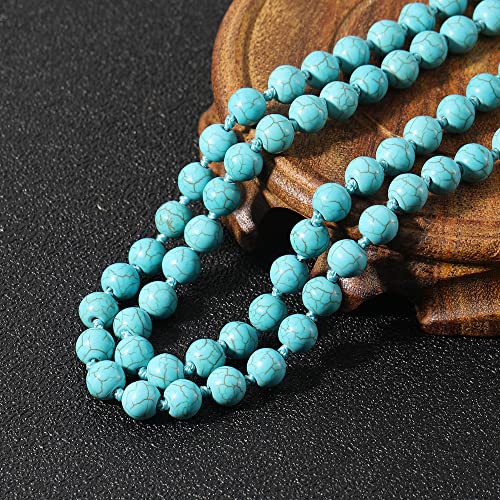 108 Mala Prayer Beads Necklace Natural Stones Meditation Yoga Jewery 108 Hand Knotted Japa Mala Beaded Long Tassel Necklace with Tree of Life Pendant for Men and Women - color: 8mm blue turquoise