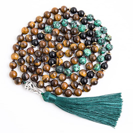 108 Mala Prayer Beads Necklace Natural Stones Meditation Yoga Jewery 108 Hand Knotted Japa Mala Beaded Long Tassel Necklace with Tree of Life Pendant for Men and Women - color: Yellow Tiger Eye+Black Onyx+African Turquoise+