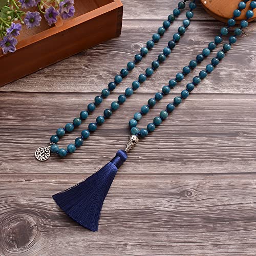 108 Mala Prayer Beads Necklace Natural Stones Meditation Yoga Jewery 108 Hand Knotted Japa Mala Beaded Long Tassel Necklace with Tree of Life Pendant for Men and Women - color: Blue Apatite